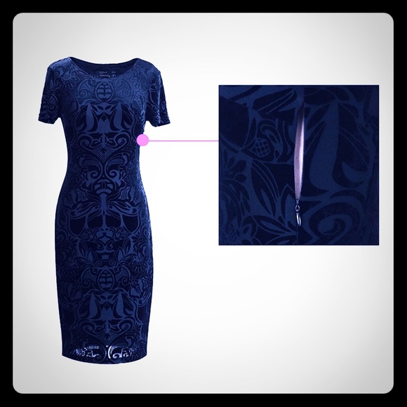 NWT brocade cut velvet midnight blue short sleeve - Picture 3 of 12